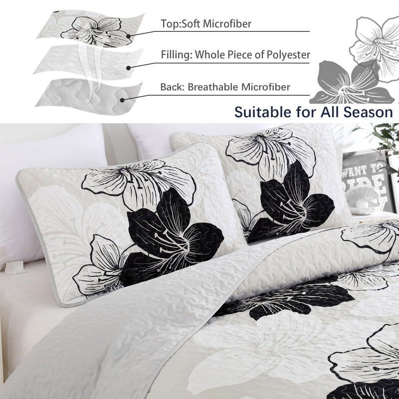 DJY Black White Quilt Set King 3 Pieces Floral Bedding Quilt Set Soft Botanical Bedspread with 2 Pillow Shams Lightweight Flower Quilt Coverlet Set for All Season 104''x 90'' - Image 4